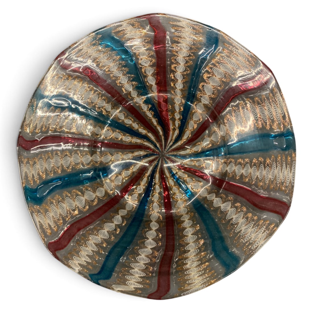 Antique Venetian Style Latticino Glass Plate: Antique Venetian Style Glass Plate Featuring A Colorful Latticino And Streak Design 6 3/4" Diameter