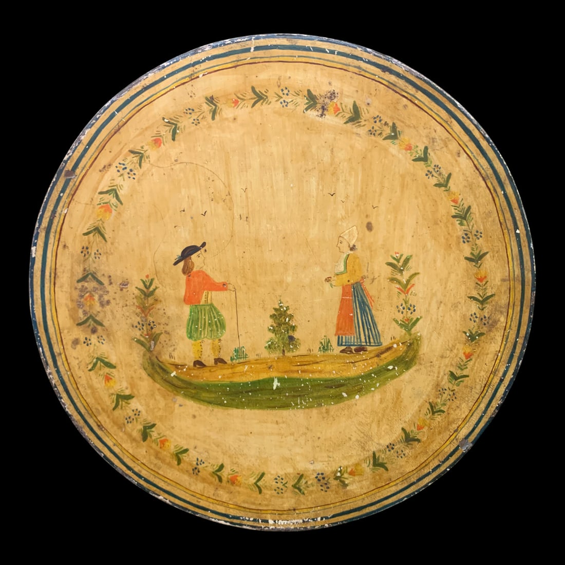 Vintage Folk Art Metal Lidded Box: Vintage Folk Art Metal Lidded Box In A Mustard Yellow Finish15 3/8" Diameter