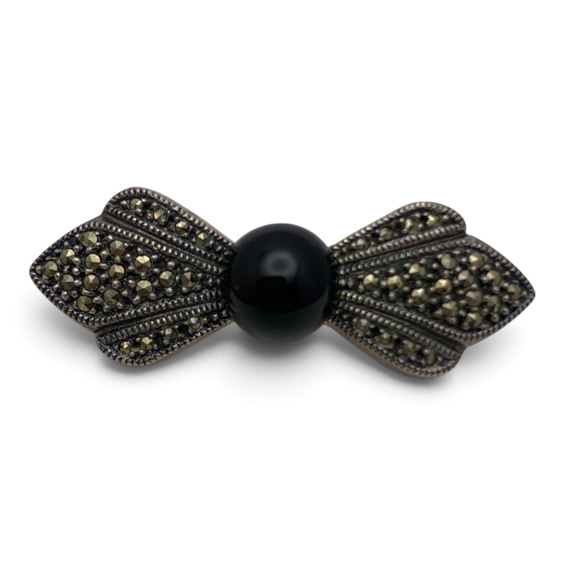 Vintage Sterling Pin With Black & Marcasite Stones: Vintage Sterling Silver Pin Featuring Marcasite Stones And A Center Set Black Stone Marked: 925 - 1 3/4" Long - 10.5 Grams