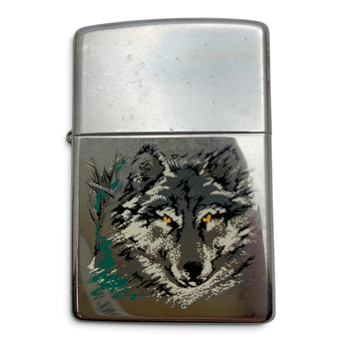 Vintage Zippo Silver Tone Lighter: Vintage Zippo Silver Tone Lighter With A Wolf Motif In A Plastic Case