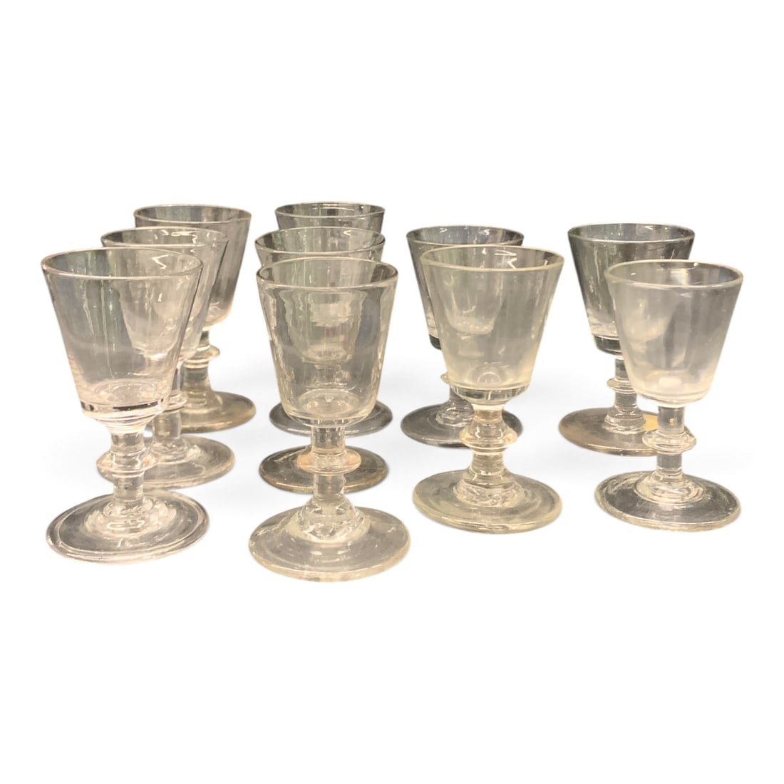 Set Of 10 Antique Stiegel-type Stemmed Glasses: Set Of 10 Antique Stiegel-type Stemmed Hand Blown Glasses Approx. 4" Tall