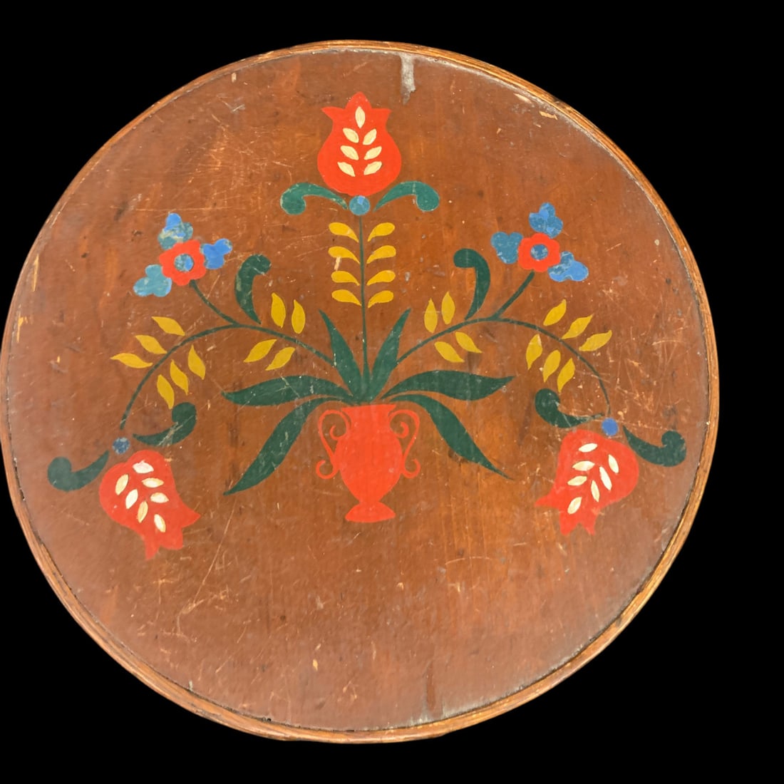 Vintage Folk Art Hand Painted Wooden Firkin: Vintage Folk Art Hand Painted Wooden Firkin Decorated With Traditional Floral Motifs 11 3/4" DiameterMissing Handle