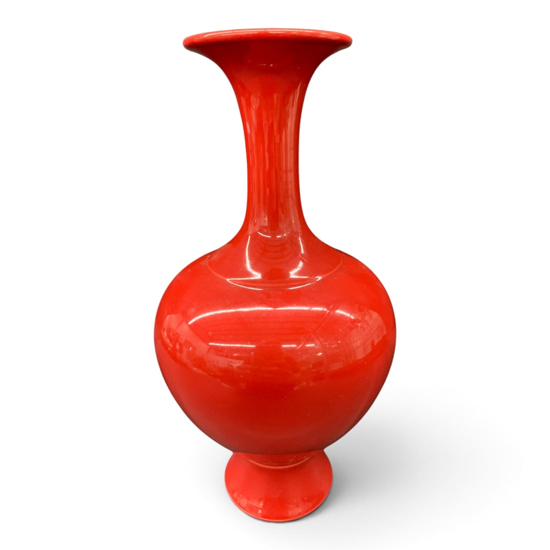 Signed Chinese Red Porcelain Vase: Signed Chinese Porcelain Vase Featuring A Glossy Red Color And A Bulbous Footed Design 9 3/8" Tall