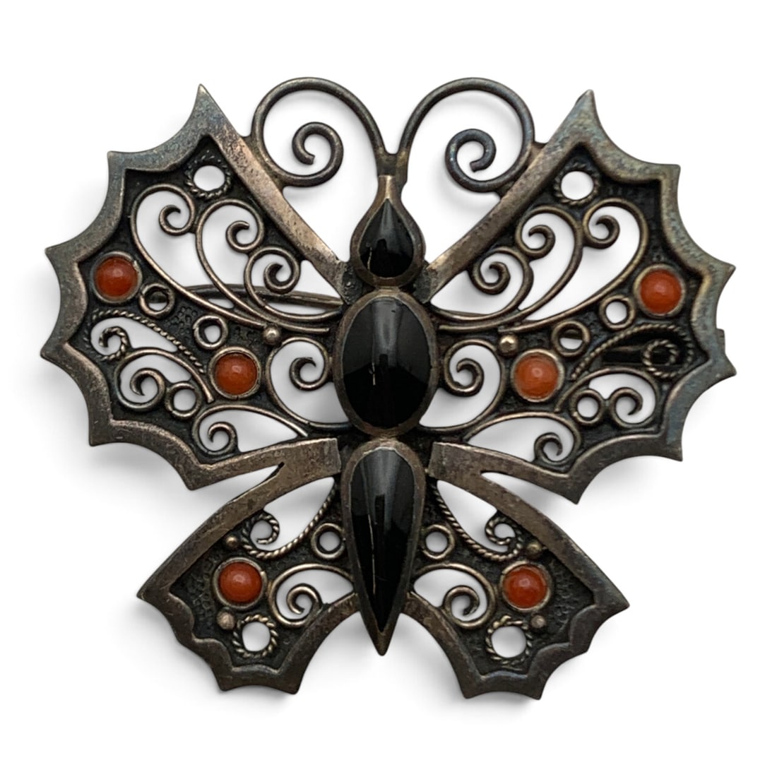 Vintage Sterling Butterfly Pin: Vintage Sterling Silver Butterfly Pin Featuring Orange Stones And Black Enamel Work Marked: 925 - 1 1/2" Long - 11.0 Grams