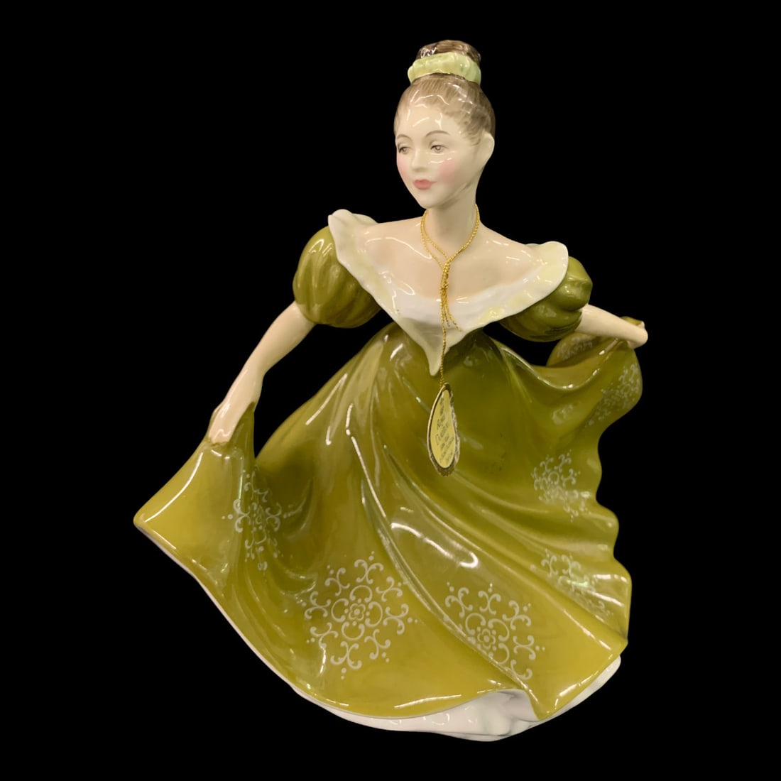 Royal Doulton Bone China Figurine, Lynne: Royal Doulton Bone China Figurine Titled Lynne Featuring A Woman Dancing Wearing A Green Gown With A White Enamel Lace PatternMarked On Bottom: Royal Doulton, Hand Made And Hand Decorated, Made In