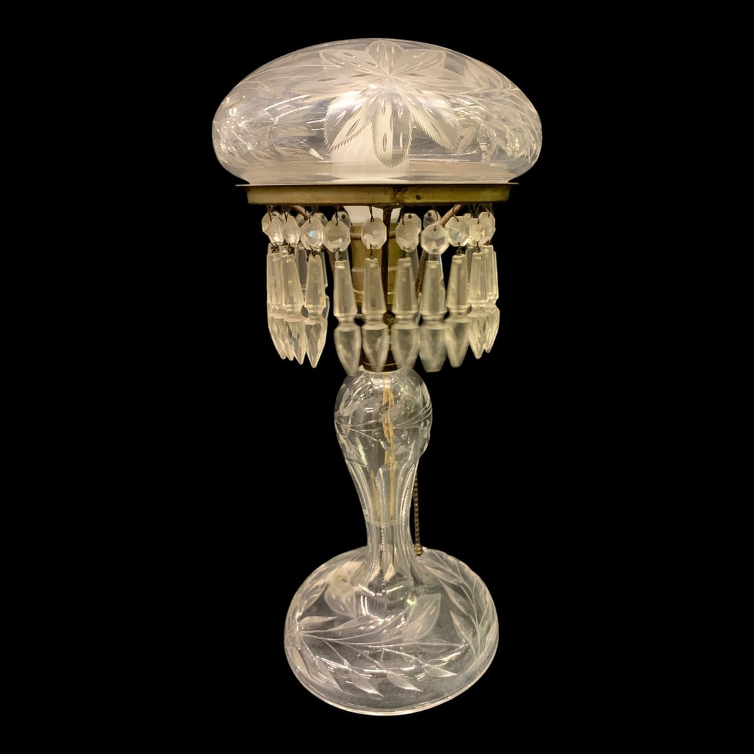 Vintage Glass Mushroom Parlor Lamp: Vintage Glass Mushroom Parlor Lamp Featuring A Floral Design Dome And Glass Hanging Prisms15 1/2" Tall