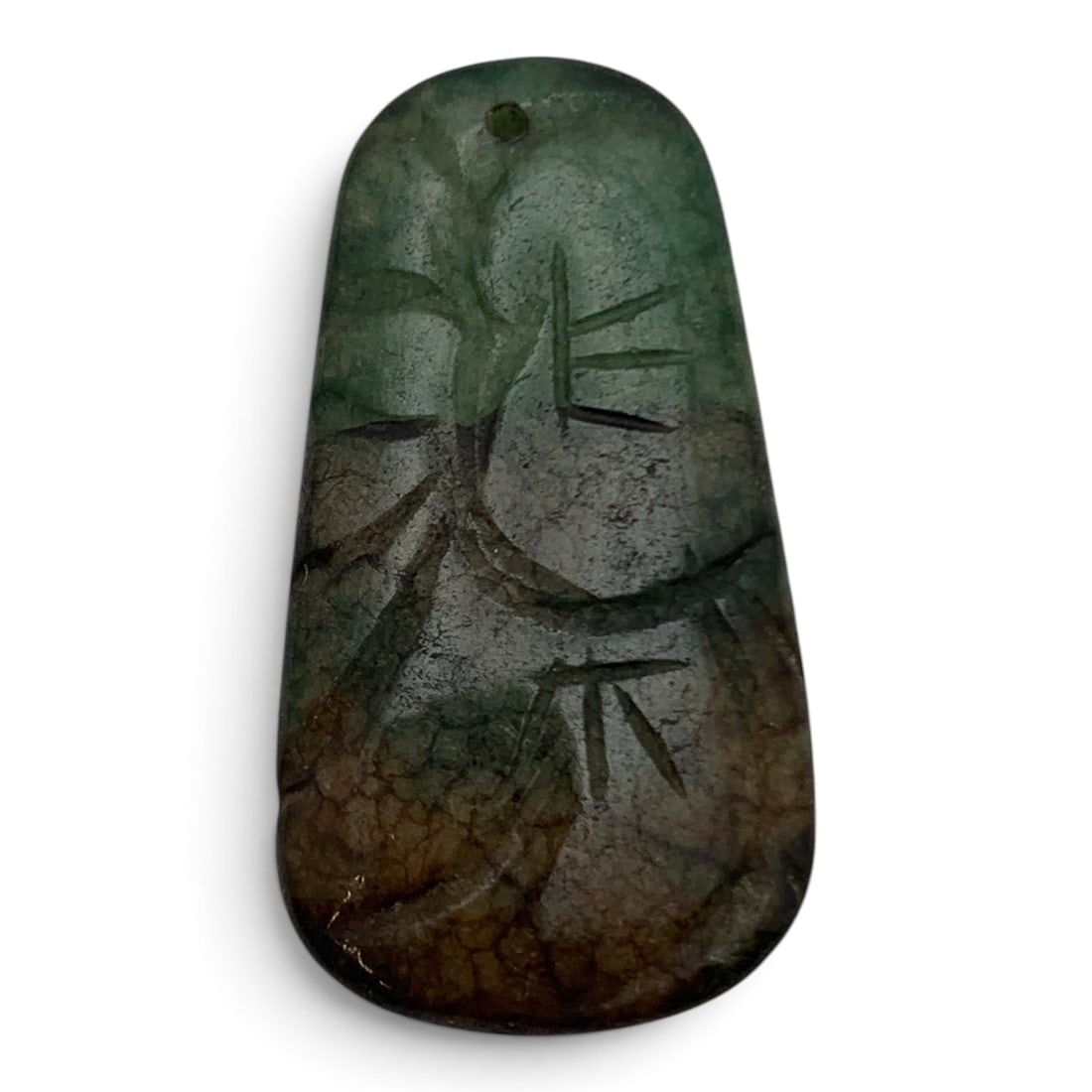 Carved Jade Pendant: Vintage Carved Jade With Green & Brown Colors Featuring Carving Designs 1 3/8" Long