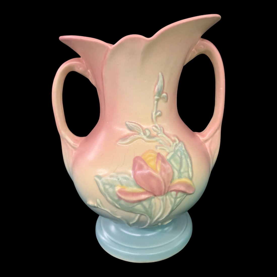 Vintage Hull Art Pottery Double-handled Vase: Vintage Hull Art Pottery Double-handled Vase In The Magnolia PatternMarked On Bottom: Hull Art, Usa 3 8 1/2"8 3/4" Tall