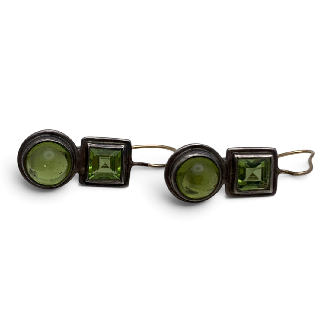 Pair Of Sterling Silver & Green Stone Earrings: Pair Of Sterling Silver Earrings Featuring Green Stones Marked: 925 - 1 1/4" Long - 6.3 Grams