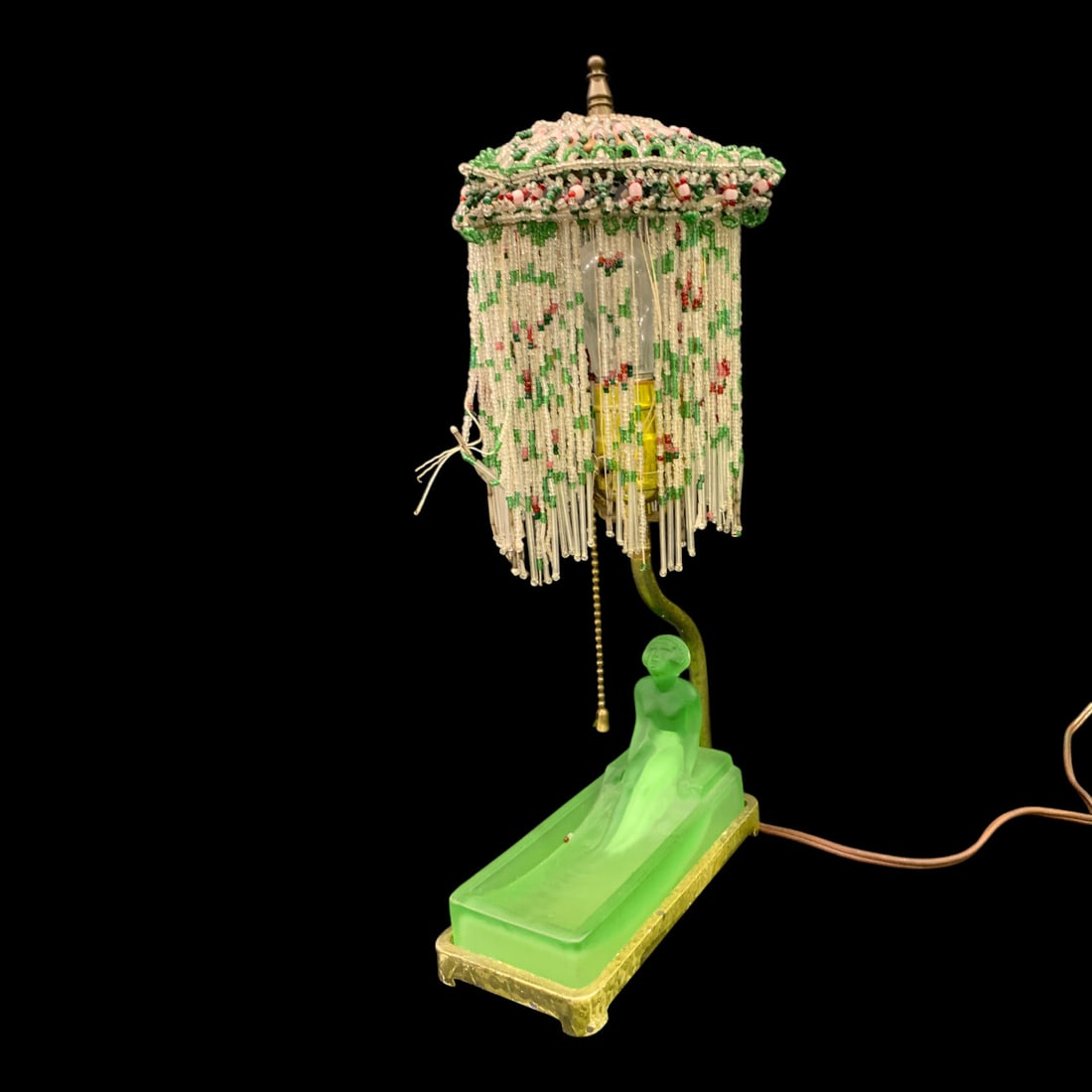 Vintage Art Deco Figural Lamp: Vintage Art Deco Figural Lamp Featuring A Frosted Green Glass Lady Base And Green, Purple & Clear Beads Hanging From The Shade15 1/4" TallBeads Are Fragile And Fall Off Easily