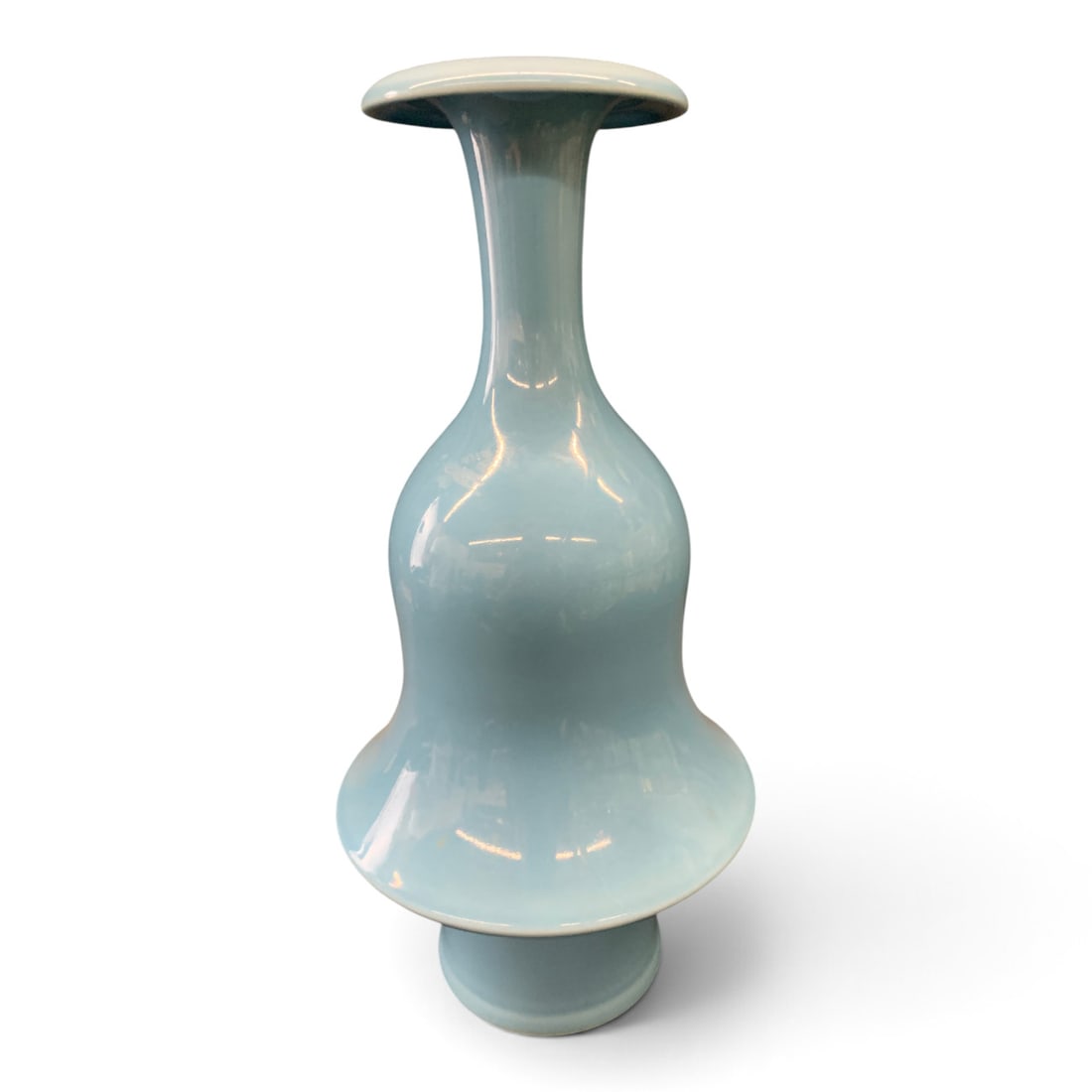 Signed Chinese Light Blue Porcelain Vase: Signed Chinese Porcelain Vase Featuring A Glossy Light Blue Color And A Bulbous Footed Design Bears Mark On Bottom - 12 1/8" Tall