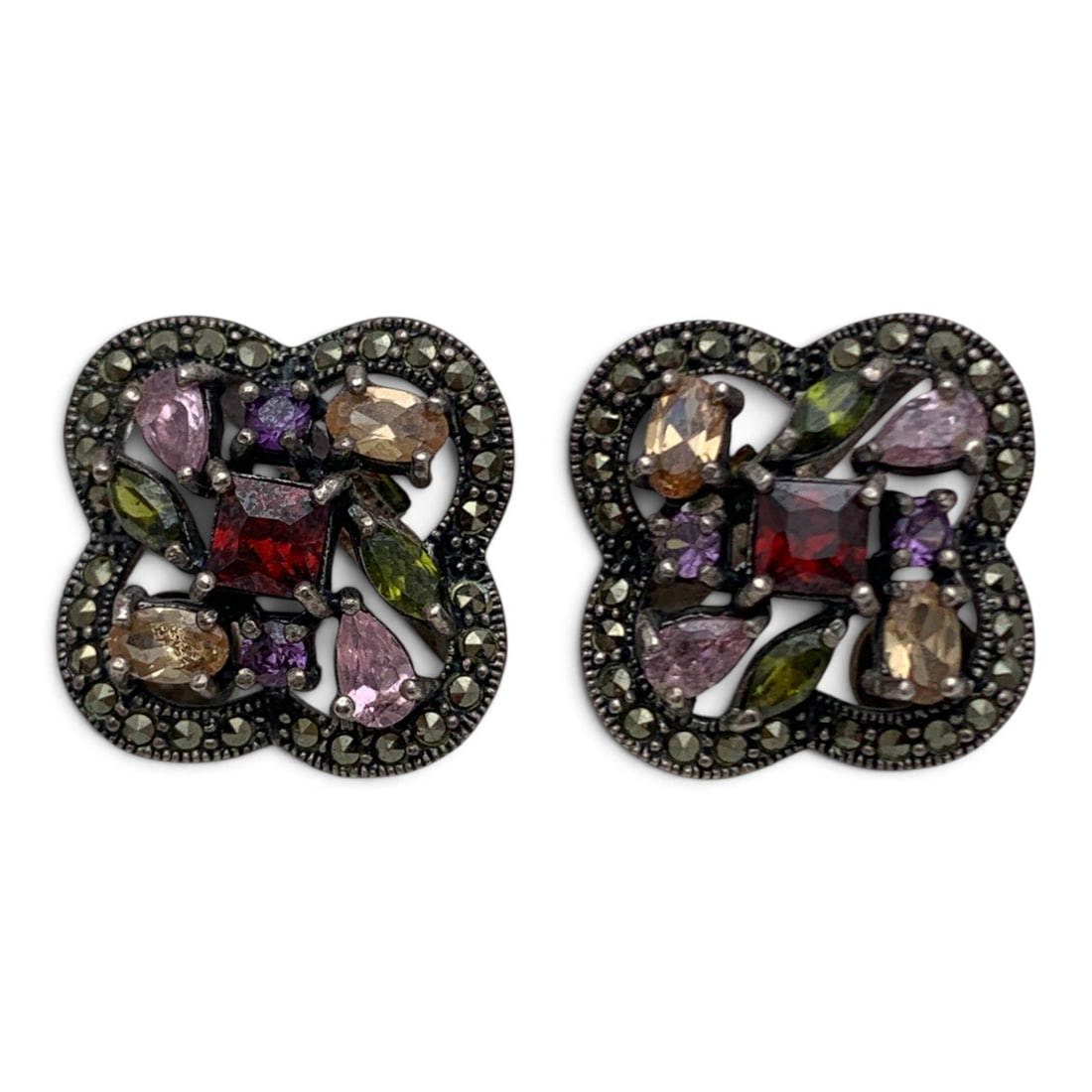 Sterling Marcasite & Colored Stone Earrings: Pair Of Sterling Silver Earrings Featuring Marcasite & Colored Stones Marked: Tests - 7/8" Long - 11.2 Grams