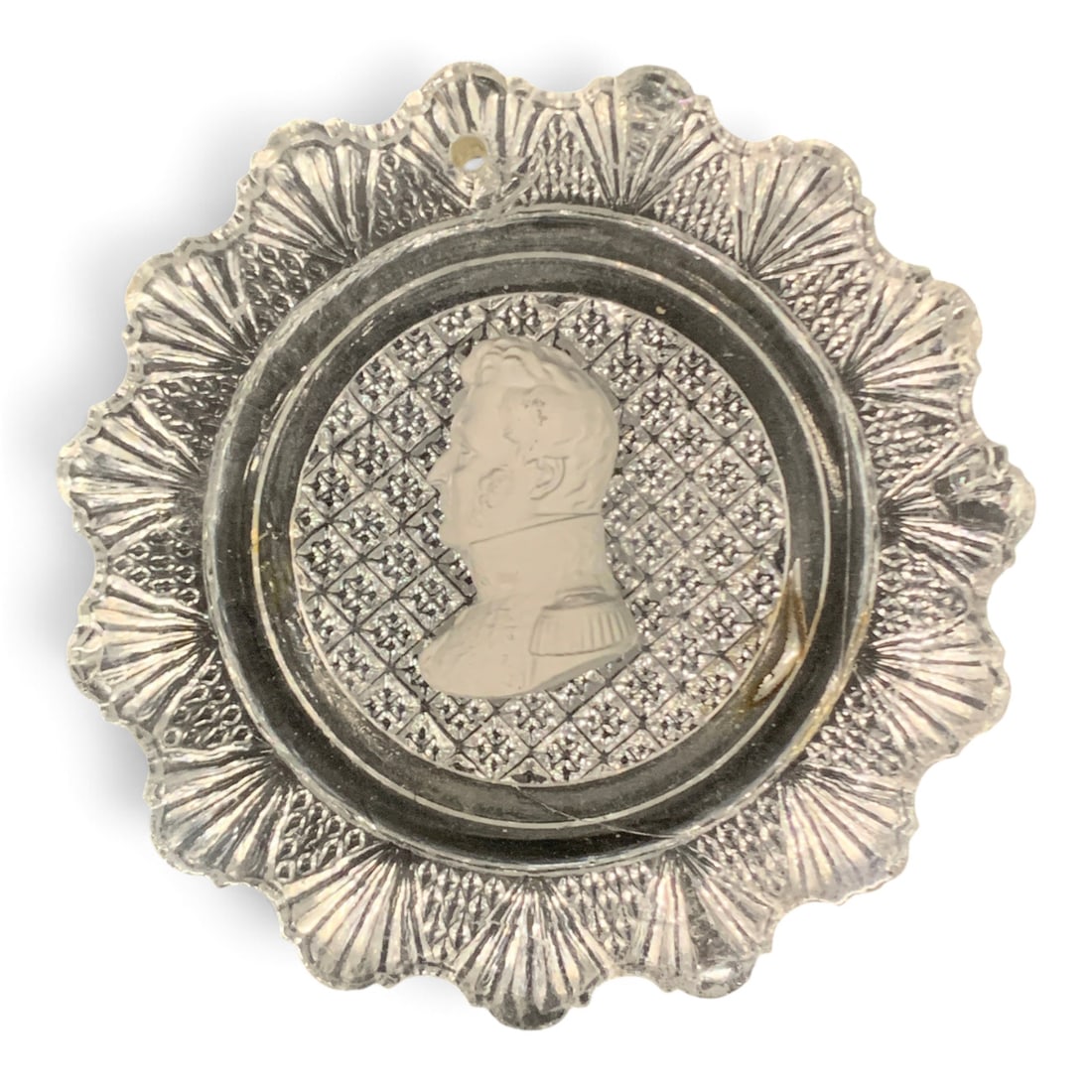 Antique Baccarat Pressed Glass Cup Plate: Antique Baccarat 19th-century Pressed Glass Cup Plate Featuring An Embedded White Porcelain-like Sulphide Cameo Profile Of Emperor Napoleon I In The Center 3 1/4" DiameterBelieved To Be Baccarat -
