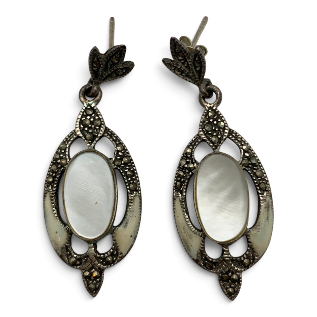 Sterling Marcasite & Mother Of Pearl Earrings: Pair Of Sterling Silver Dangle Earrings Featuring Marcasite Stone, White Enamel Work And Mother Of Pearl Marked: 925 - 1 3/4" Long - 7.4 Grams