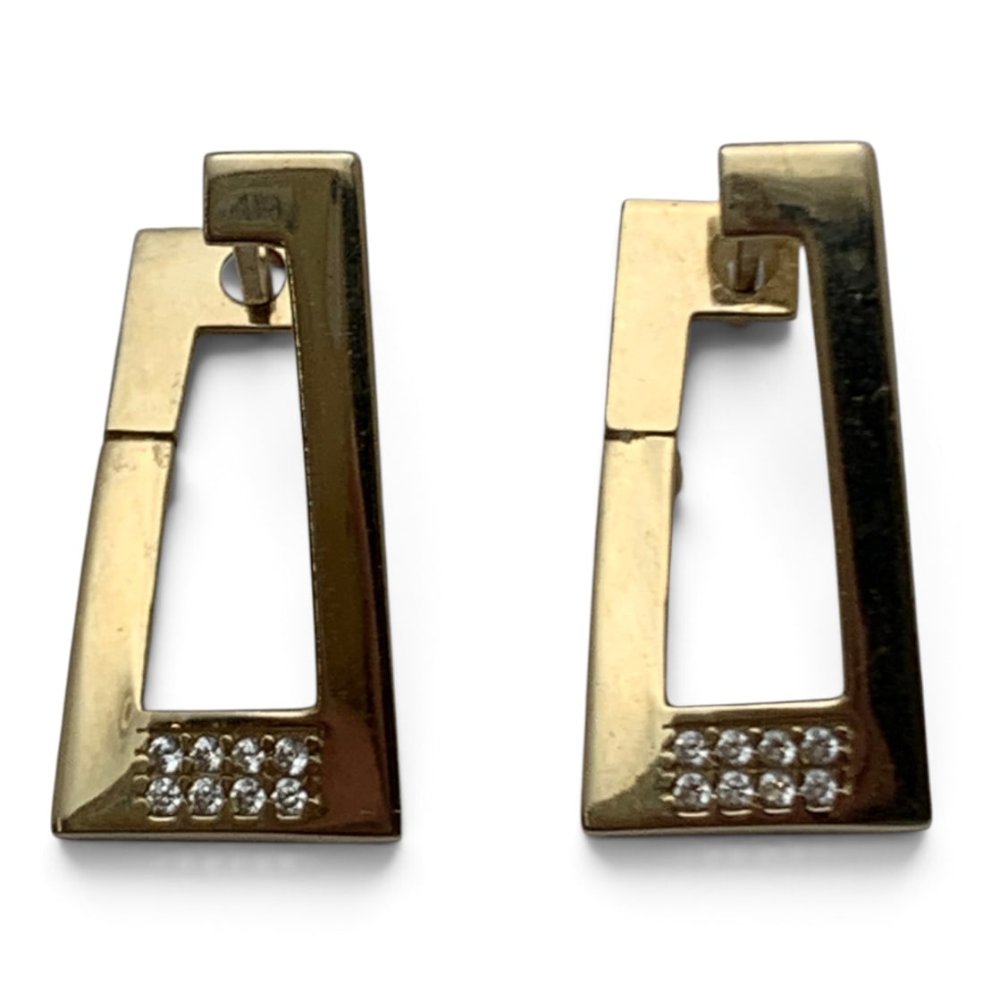 Pair Of 14k Yellow Gold & Diamond Earrings: Pair Of 14k Yellow Gold Earrings Featuring 8 Inlaid Round Cut White Diamonds Approx. 0.014ct. Each.Marked: 14k - 7/8" Long - 2.1 DwtGemstones Tested With Presidium Gem Tester Il - Berners Does Not