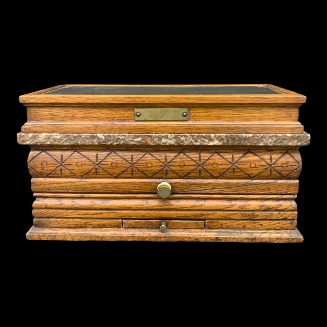 Vintage Henry Troemner Apothecary Balance Scale: Vintage Henry Troemner Apothecary Balance Scale Featuring A Carved Wooden Base With A Marble Top Surface, A Hinged Glass Display Cover, And A Small Pull-out Drawer Containing Brass WeightsMarked On