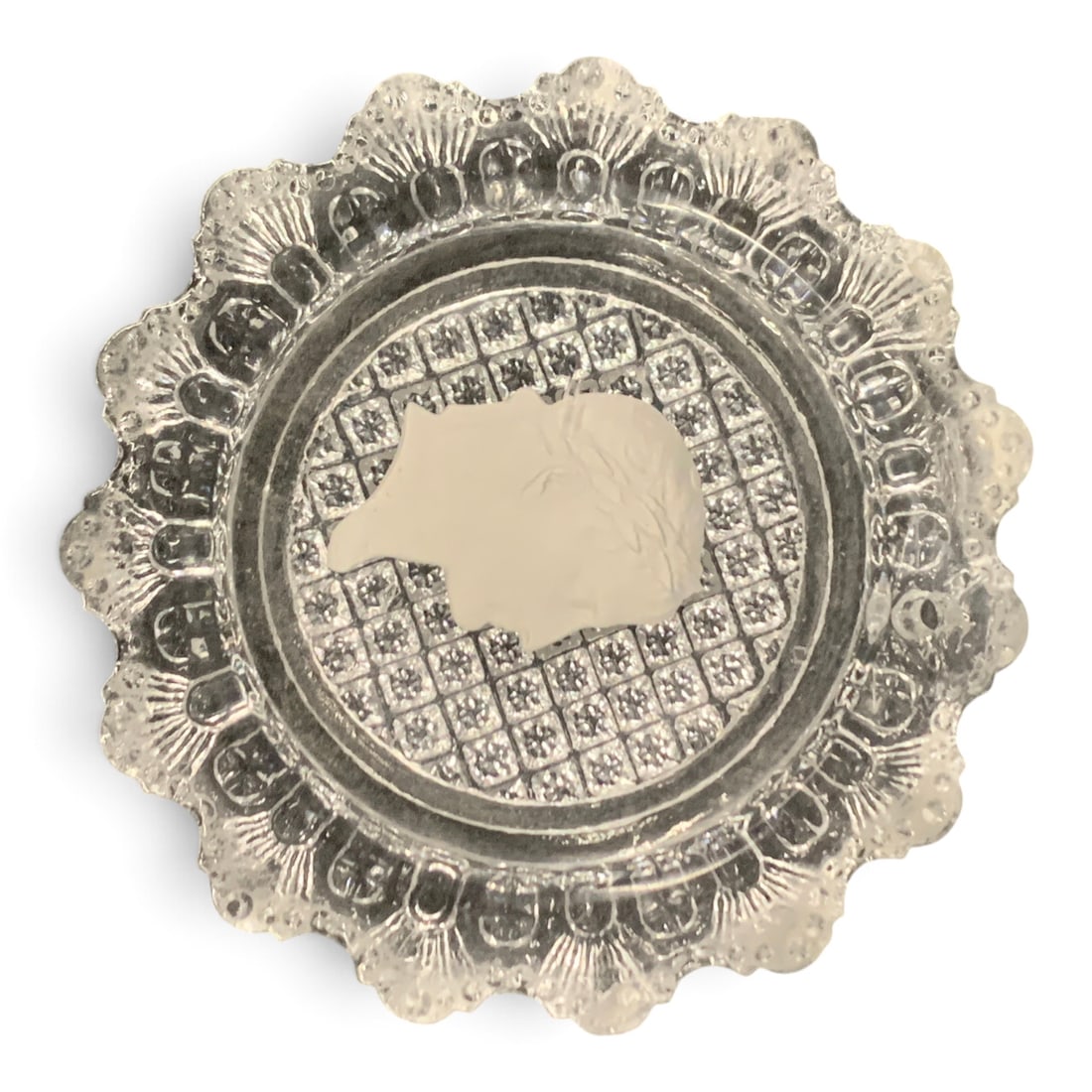 Antique Baccarat Pressed Glass Cup Plate: Antique Baccarat 19th-century Pressed Glass Cup Plate Featuring An Embedded White Porcelain-like Sulphide Cameo Profile Of A Ceasar 3 1/4" DiameterBelieved To Be Baccarat - Circa. 1840