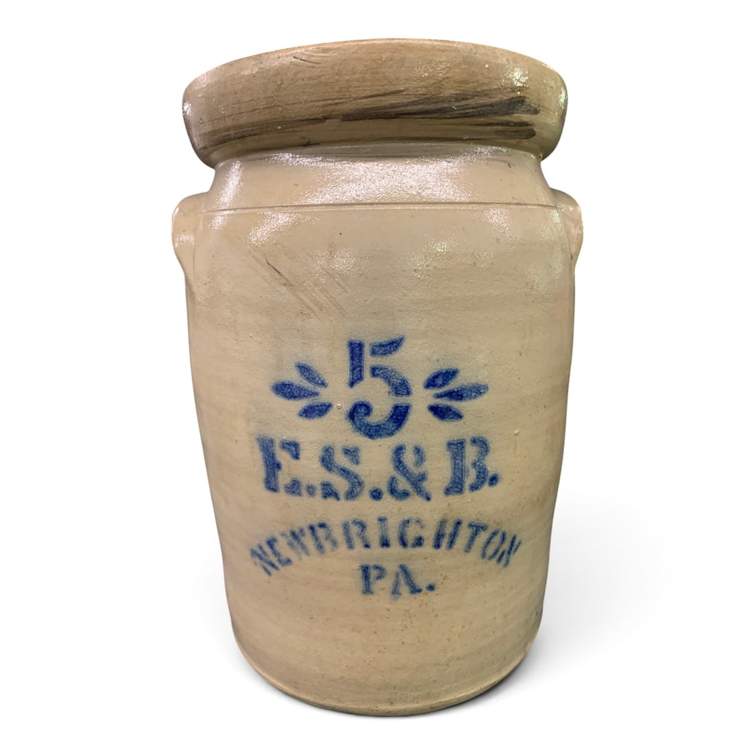 Antique Stoneware Crock: Antique Stoneware Crock Featuring Cobalt Stenciling Marked: 5, F. C. & B, Newbrighton Pa16 1/4" Tall