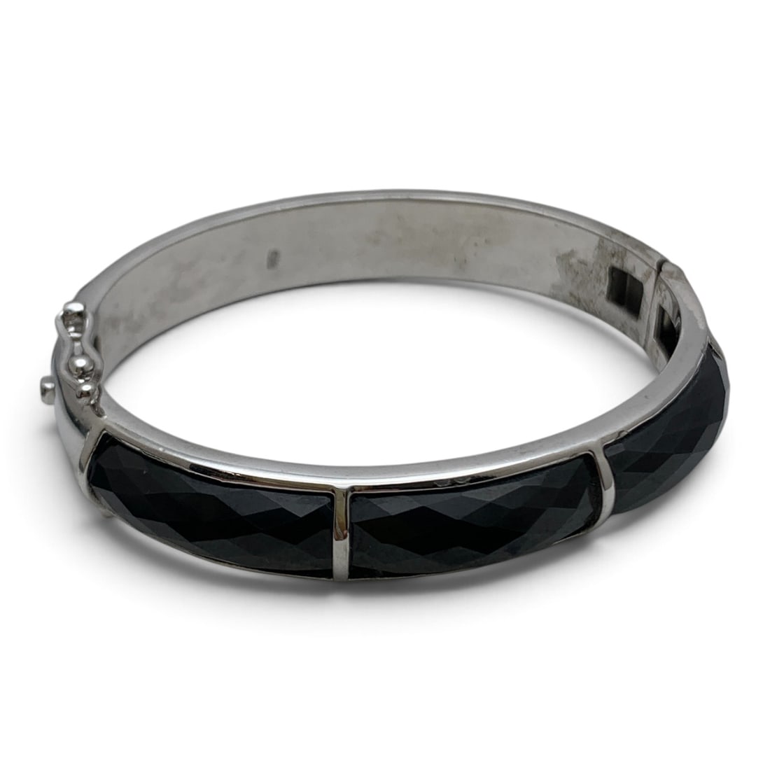 Sterling Silver & Black Glass Hinge Bracelet: Sterling Silver Hinge Bracelet With Faceted Black Glass Marked: 925 - 2 1/8" Inside Width - 39.1 Grams