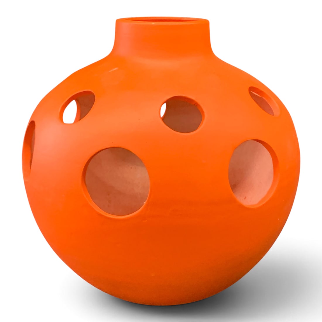 Signed Chinese Orange Ceramic Vase: Signed Chinese Ceramic Vase Featuring A Matte Orange Color & An Open Work Body Design Bears Mark On Bottom - 9 1/4" Tall