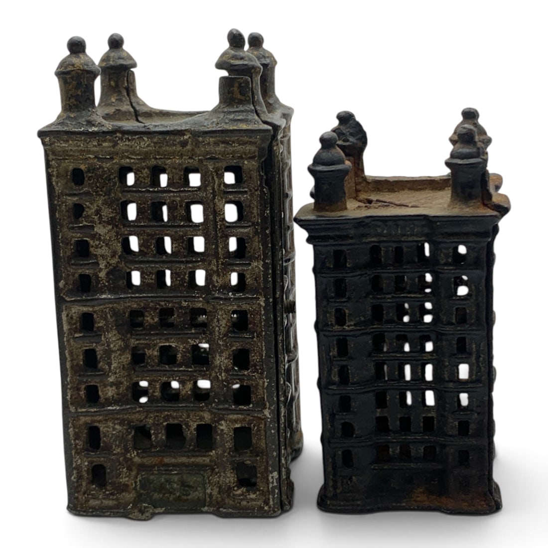 2 Antique Cast Iron Building Still Banks: 2 Antique Cast Iron Building Still Banks 3 5/8" & 4 1/2" Tall
