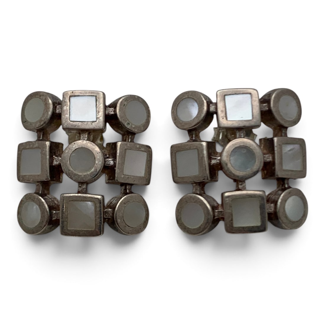 Sterling Silver & Mother Of Pearl Earrings: Pair Of Sterling Silver Earrings Featuring Mother Of Pearl Marked: 925 - 5/8" Long - 8.0 Grams