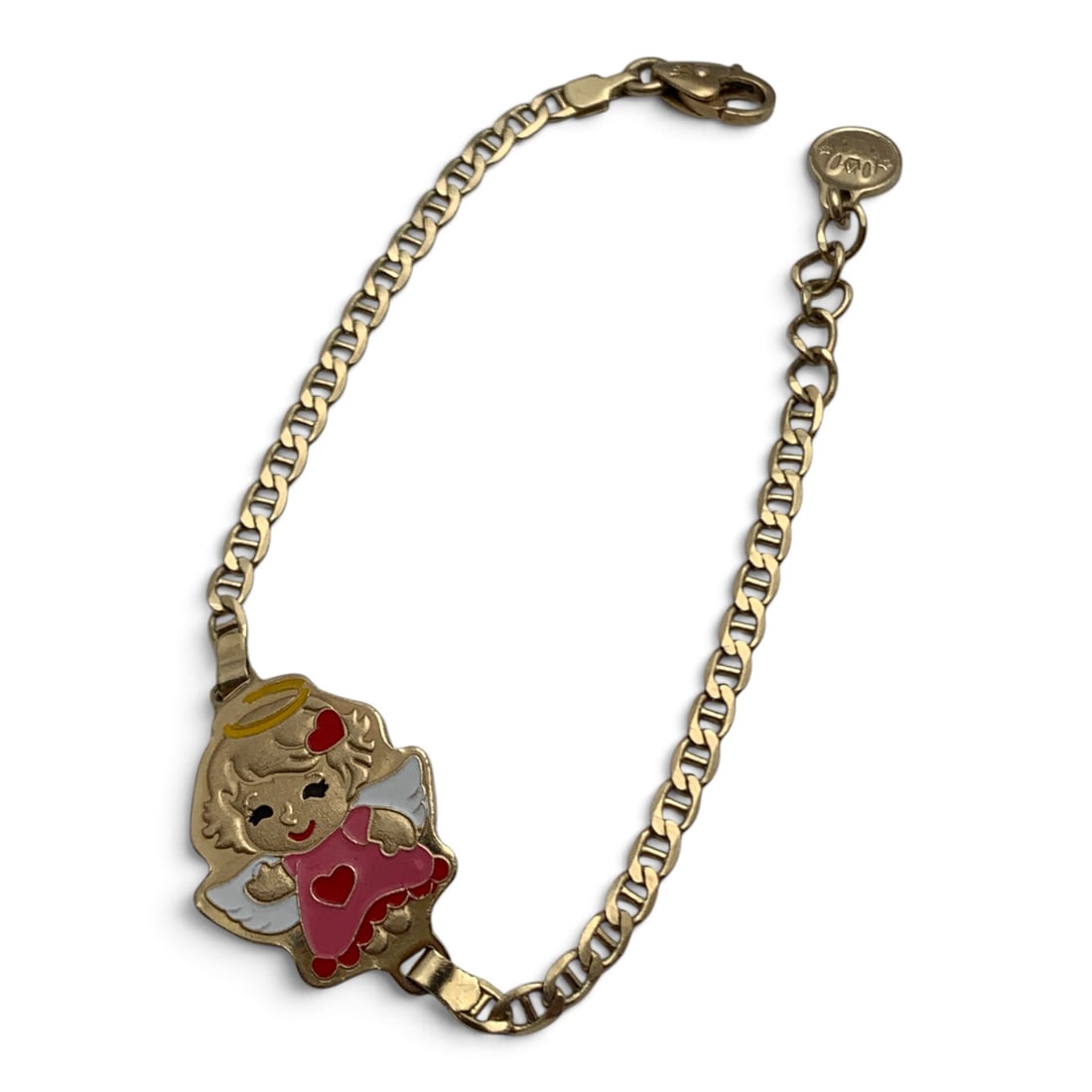 14k Yellow Gold & Enamel Bracelet: 14k Yellow Gold Bracelet Featuring An Enameled Design Of A Young Angel.Marked: 14k - 6 1/8" Long - 2.4 Dwt