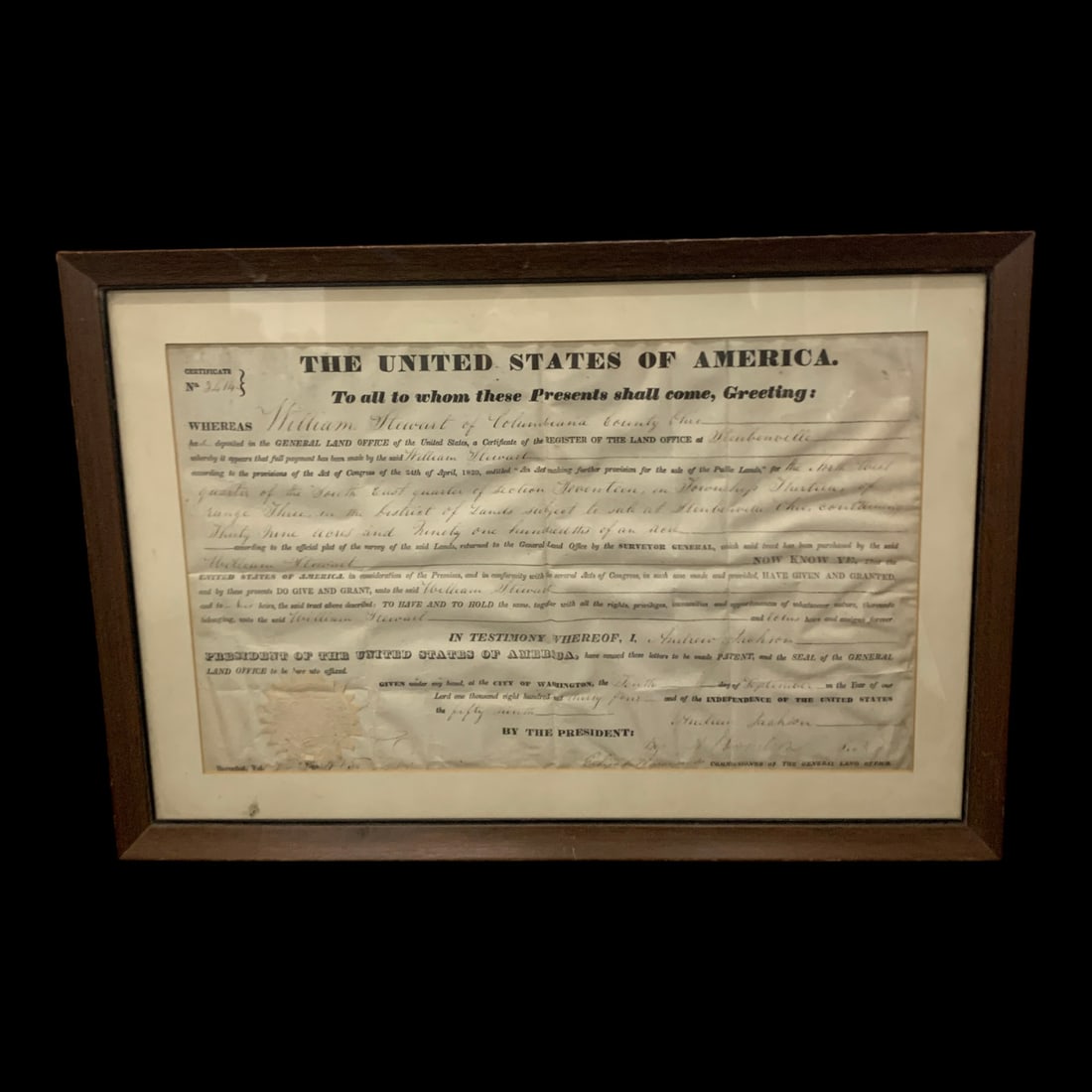 19th-century United States Federal Land Patent: 19th0-century United States Federal Land Patent Under Glass In A Wooden Frame19 1/4" X 13 1/4"