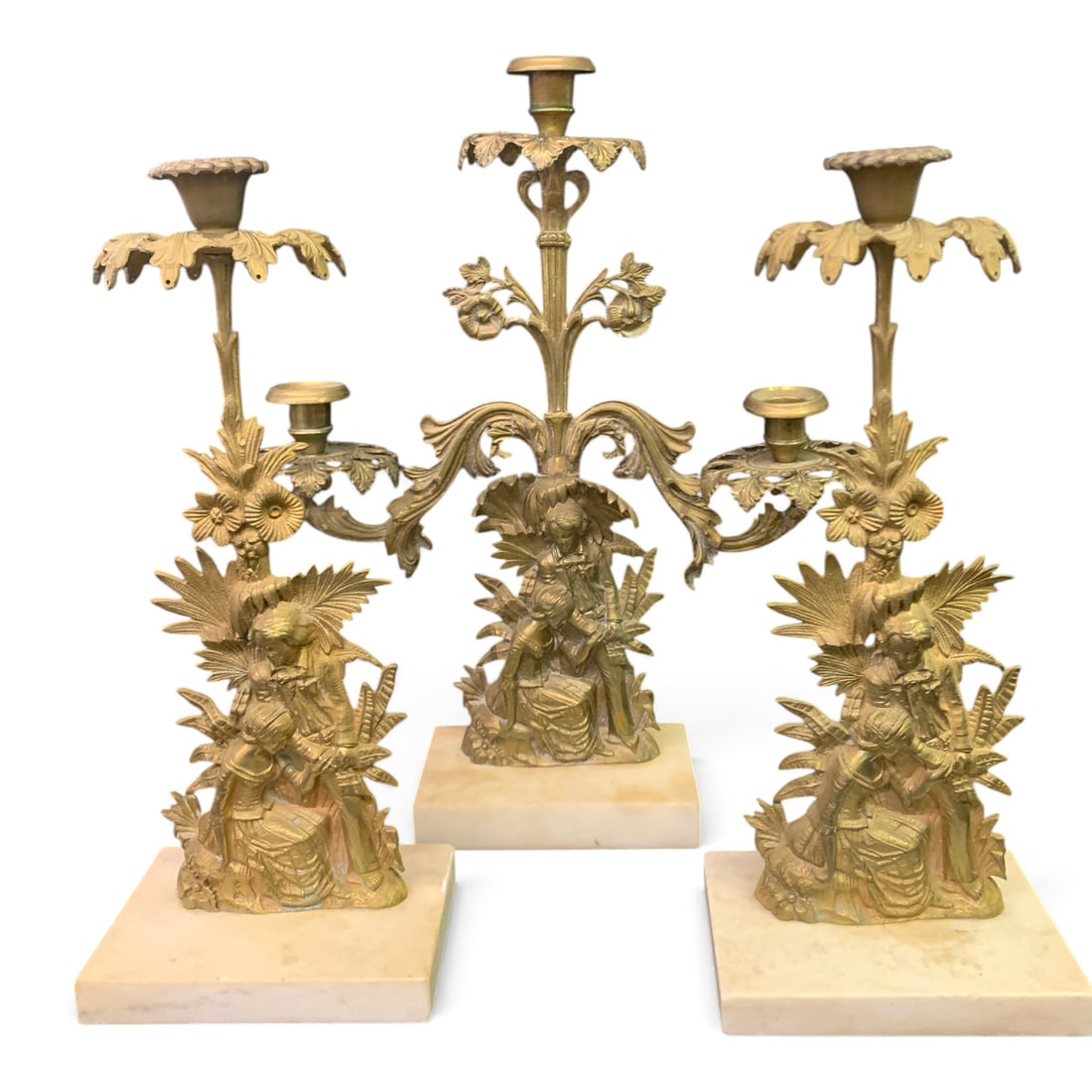 3pc. Antique Brass Girandole Set: 3pc. Antique Brass Girandole Set Featuring A Central Three-light Candelabra And Two Matching Single Candlesticks All Mounted On White Marble Bases14 1/4 & 16 1/2" Tall