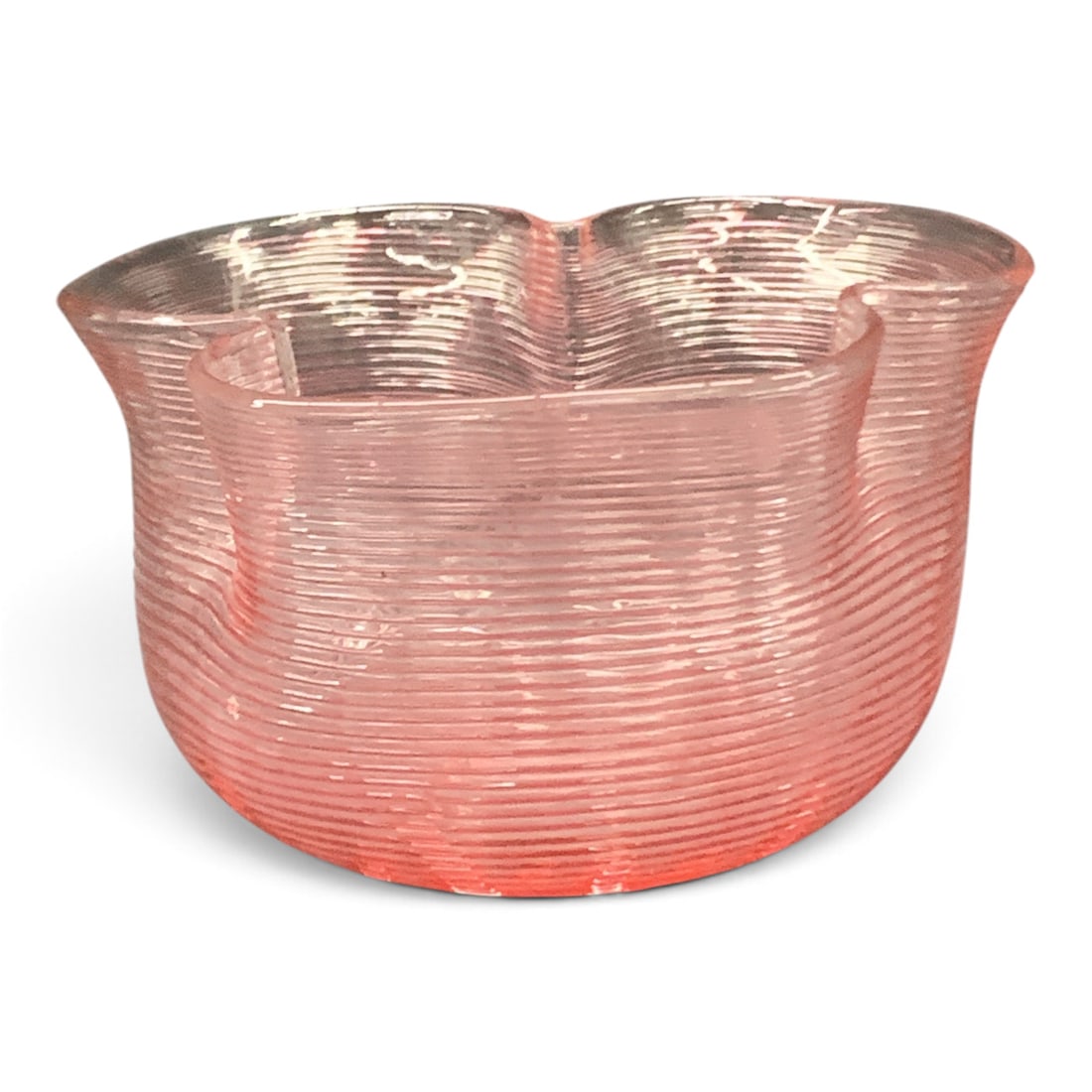 Vintage Cranberry Glass Ribbed Bowl: Vintage Cranberry Glass Bowl Featuring A Scalloped Rim And A Glass Ribbed Design 2 7/8" Tall