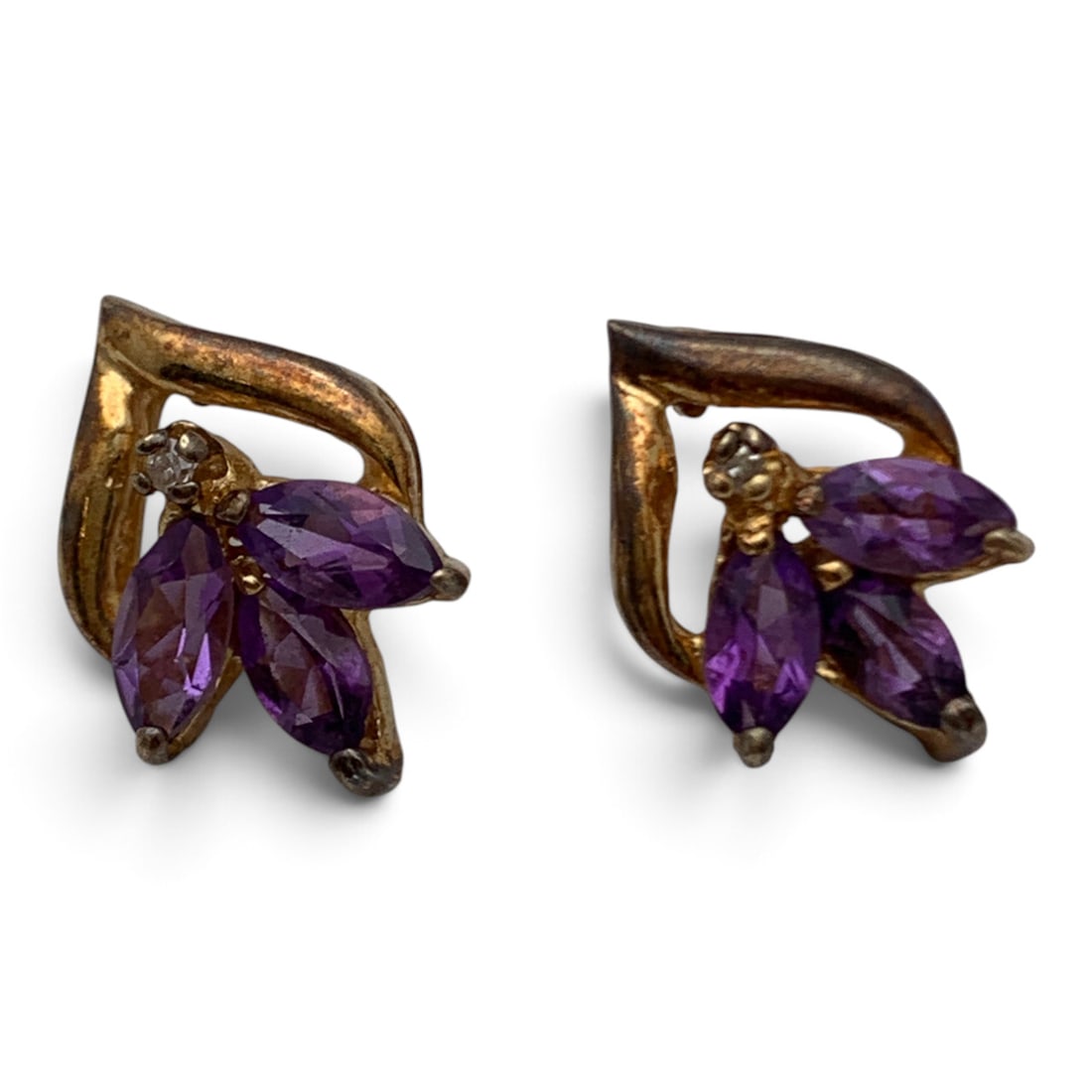Pair Of 14k Gold Diamond & Amethyst Earrings: Pair Of 14k Yellow Gold Earrings Featuring 3 Marquise Cut Purple Amethyst Gemstones & 1 Round Cut White Diamond Approx. 0.014ct.Tests 14k - 5/8" Long - 2.2 DwtGemstones Tested With Presidium Gem