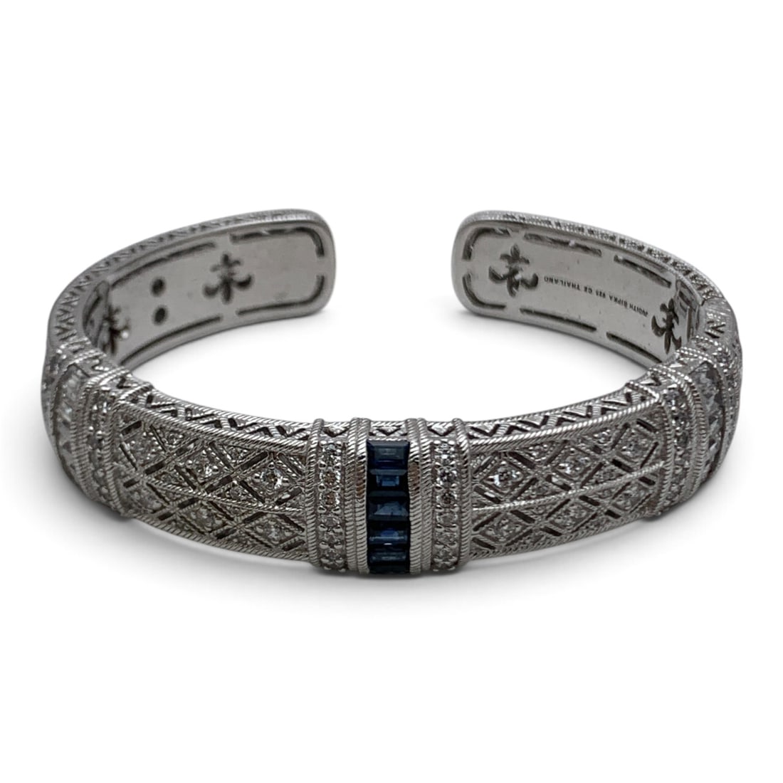 Judith Ripka Sterling & Cubic Zirconia Bracelet: Judith Ripka Sterling Silver Bracelet With Cubic Zirconia Blue And Clear Stones Marked: Judith Ripka, 925, Cz - 2 1/8" Inside Width - 33.5 Grams