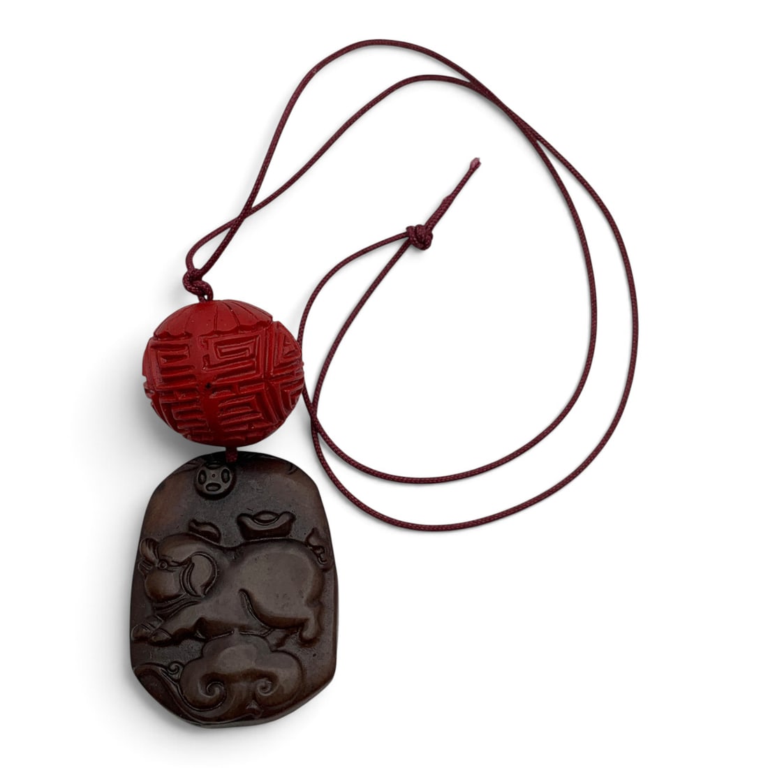 Carved Wood & Hard Stone Pendant Necklace: Carved Cinnabar Pendant & A Carved Brown Hard Stone Pendant On A Purple Cord Necklace 14 1/2" Length Including Cord