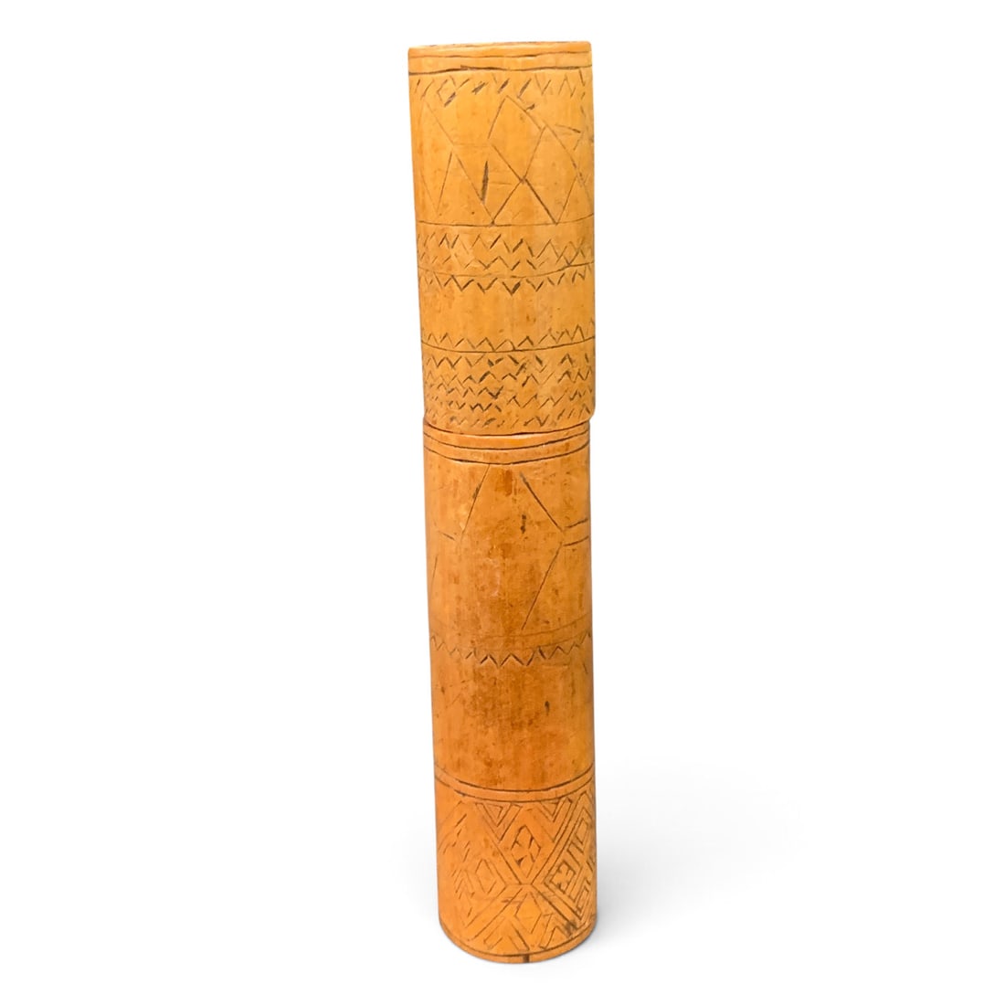 Vintage Hand Carved Bamboo Cigar Tube: Vintage Hand Carved Bamboo Cigar Tube Featuring A Carved Geometric Design 6 3/8" Long
