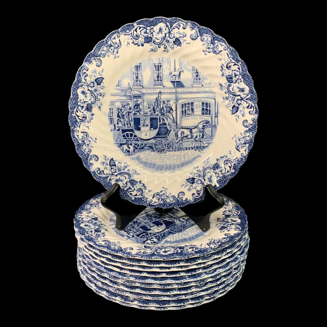 11 Vintage Johnson Brothers Plates: 11 Vintage Johnson Brothers "coaching Scenes" Blue And White Transferware Bread Plates Made In England Featuring A Horse-drawn StagecoachMarked On Back: Coaching Scenes, Made In England By Johnson Bro