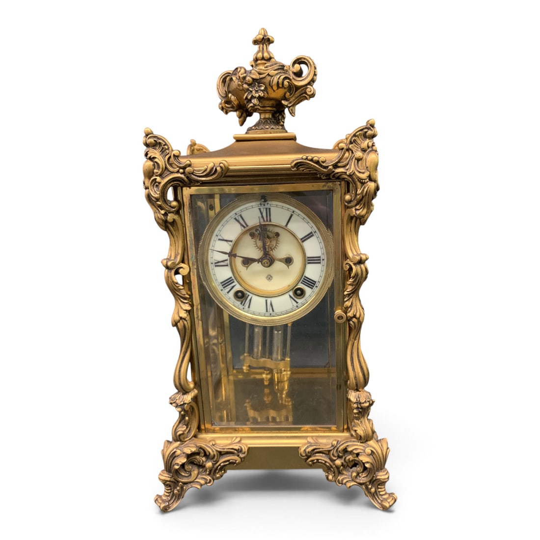 Antique Ansonia Crystal Regulator Mantel Clock: Antique Ansonia Crystal Regulator Mantel Clock Featuring An Ornate Cast Brass/bronze Case With An Urn Finial TopMarked On Face: AMarked On Clock: Ansonia, New York16 1/4" TallIncludes Key