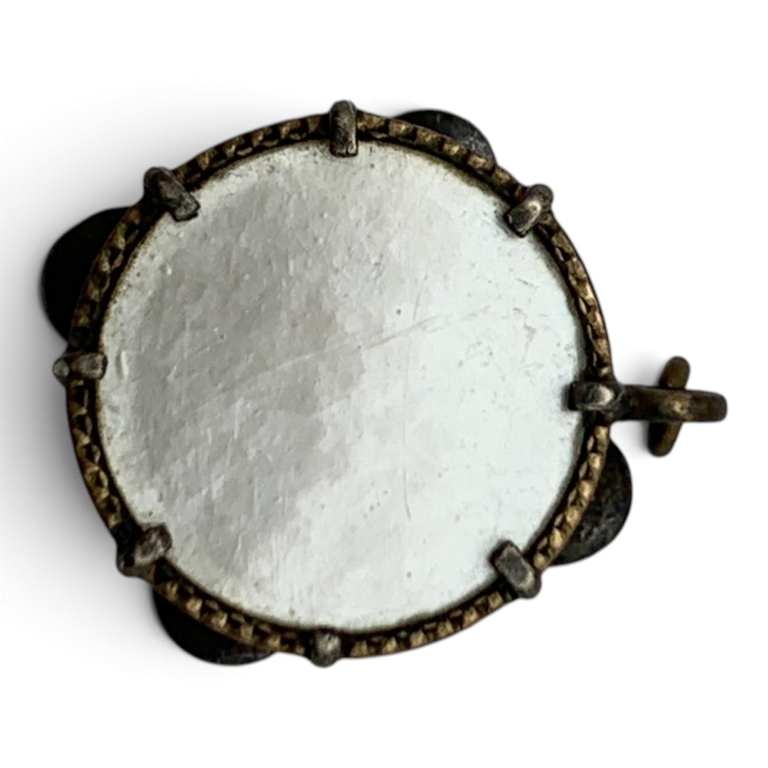 Silver & Mother Of Pearl Tambourine Charm: Silver Tambourine Charm Featuring A Mother Of Pearl Stone Tests Silver - 5/8" Long - 1.6 Grams