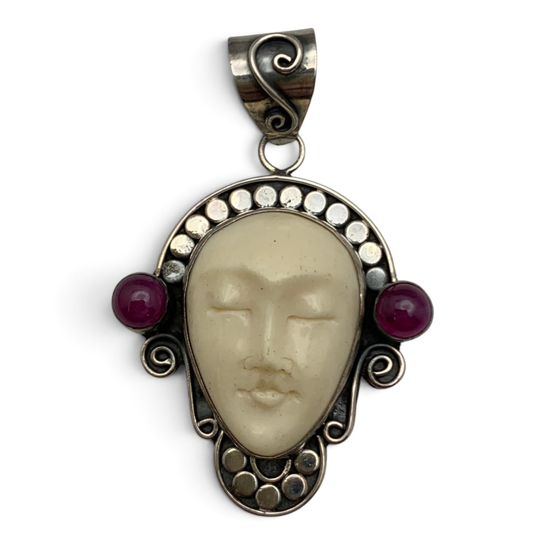 Sterling Silver & Carved Bone Pendant: Sterling Silver Pendant Featuring Two Pink Stone And A Carved Bone Cameo Marked: 925 - 1 5/8" Long - 5.2 Grams