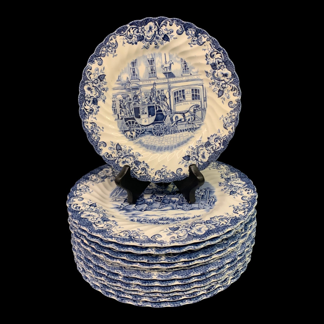 12 Johnson Bros. Blue Transferware Plates: 12 Vintage Johnson Brothers Blue Transferware Plates Featuring The "coaching Scenes" Pattern Depicting A Horse-drawn Stagecoach In An English VillageMarked On Back: Johnson Brothers Hanley Ltd,