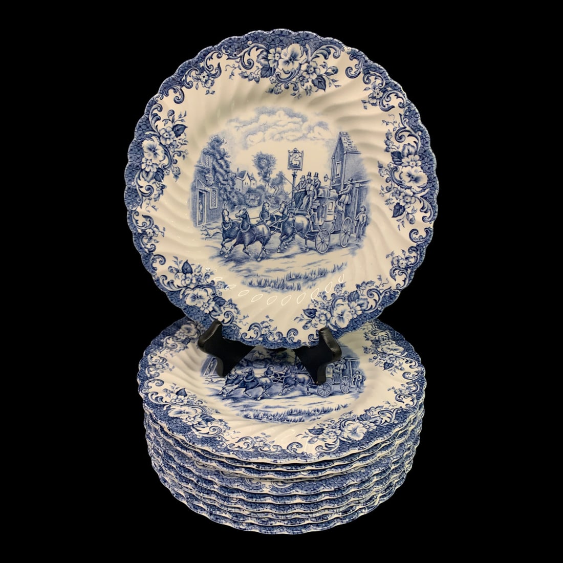 12 Johnson Bros. Blue Transferware Plates - 5