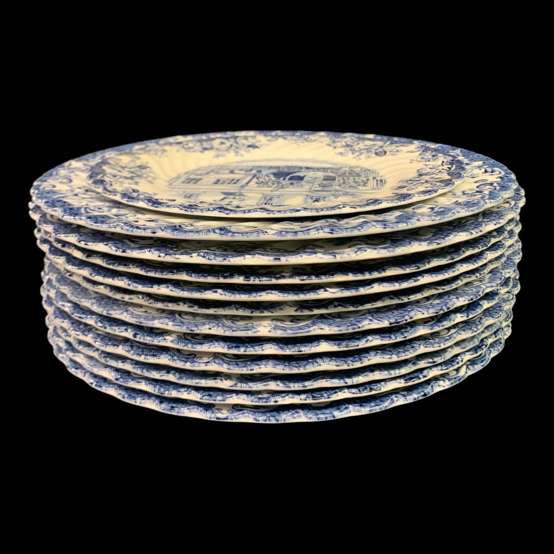 12 Johnson Bros. Blue Transferware Plates - 8