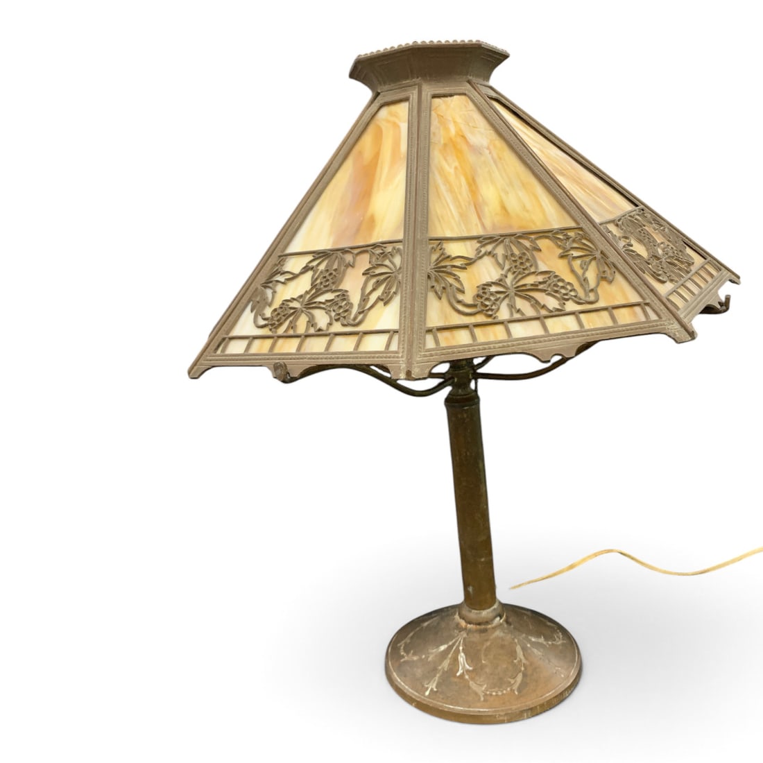 Antique Bradley & Hubbard Slag Glass Table Lamp: Antique Bradley & Hubbard Slag Glass Table Lamp Featuring An Octagonal Carmel 8 Piece Slag Glass Shade With A Leaf And Berry Metal Overlay DesignBears Metal Tag: Bradley & Hubbard22" TallOne Panel Is