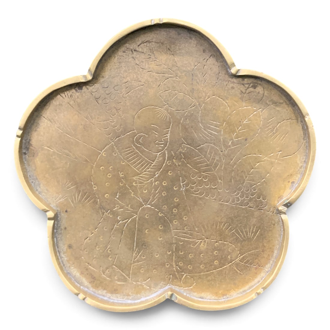 Antique Chinese Brass Tray: Antique Chinese Brass Tray Featuring A Fine Hand Etched FigureMarked On Bottom: China - 5" Diameter