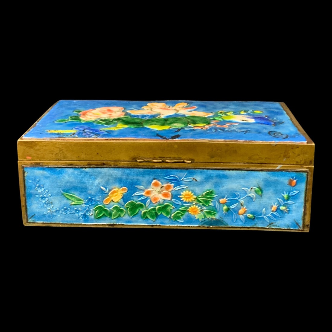 Vintage Enameled Brass Lidded Box: Vintage Hinged Box Featuring A Brass Exterior And Blue Enamel Work With A Floral Motif And A Wood Lined Interior 6 3/8" Long - 3 5/8" Deep - 2" Tall