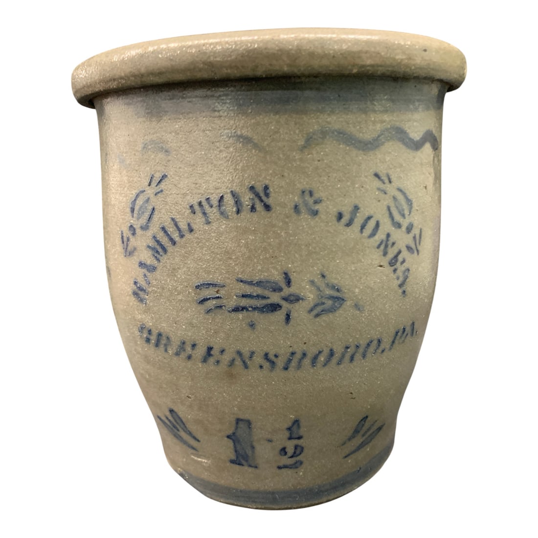 Antique Hamilton & Jones Stonware Crock: Antique Hamilton & Jones Salt Glazed Stoneware Crock Featuring Cobalt Blue Lettering 9 3/8" Tall