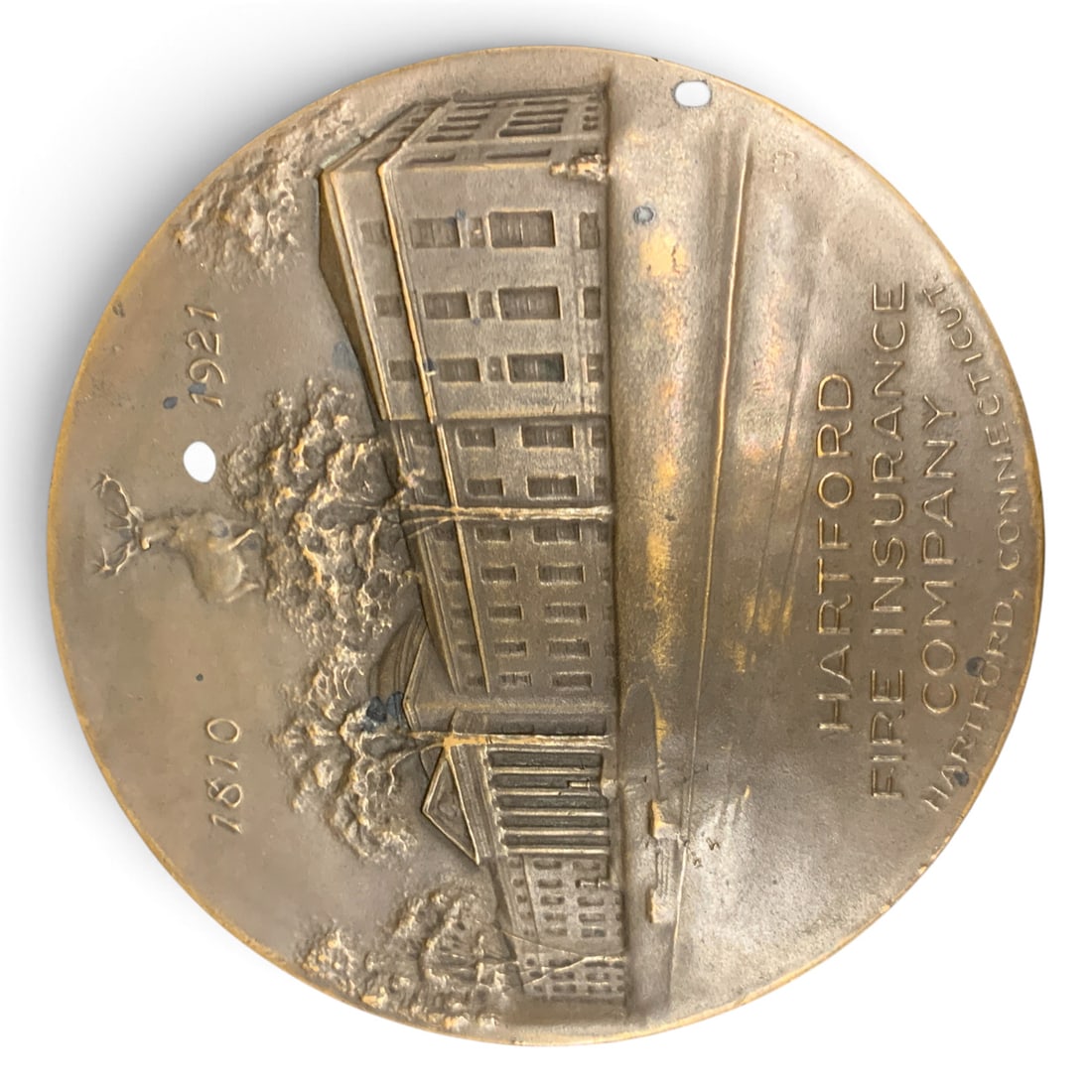 Antique Bronze Commemorative Medallion: Antique Bronze Commemorative Medallion Produced By The Whitehead & Hoag Co. In 1921Marked: Whitehead-hoag, 1810-1921, Hartford Fire Insurance Company4" Diameter