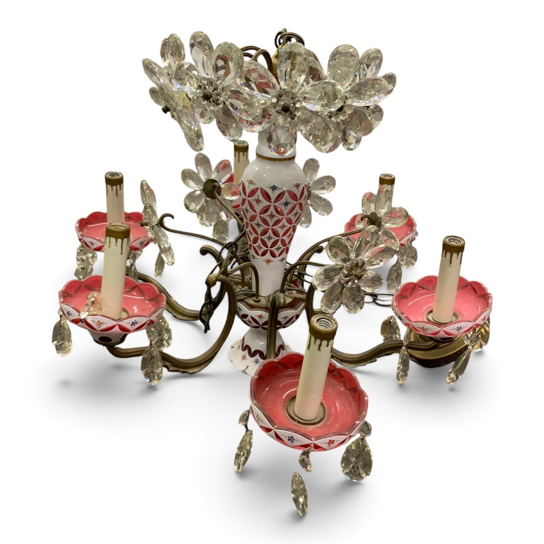 Vintage Floral Glass Hanging Chandelier: Vintage Floral Glass Hanging Chandelier Featuring White And Pink Overlay Glass With Crystal Flower Accents And Pink Drip Pans17 1/2" TallIncludes Glass Prisms And Glass Flower Sculpture - Please