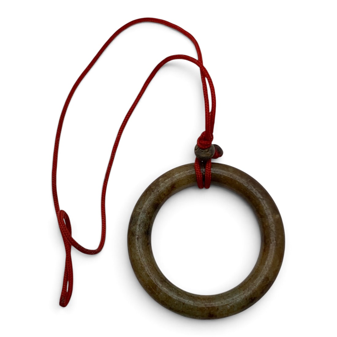 Vintage Carved Brown Jade Circular Pendant: Vintage Green Jade Circular Pendant On A Red Cord 1 3/8" Long Excluding The Cord