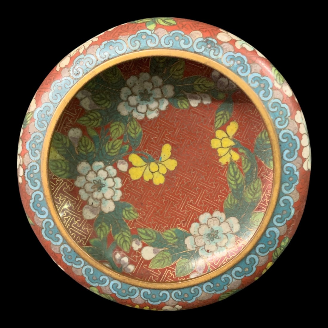 Vintage Chinese Red Cloisonne Bowl: Vintage Chinese Cloisonne Enamel On Brass Bowl Featuring A Red Background With Floral Motifs 5 3/4" Diameter - 2" TallShows Damage - See Photos
