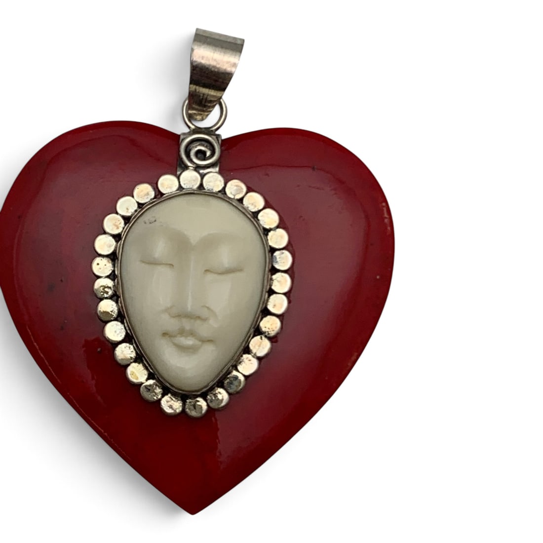 Silver Red Coral & Carved Bone Heart Pendant: Sterling Silver Pendant Featuring A Red Heart Shaped Coral Stone & A Carved Bone Cameo Marked: 925 - 2 1/4" Long - 7.6 Grams